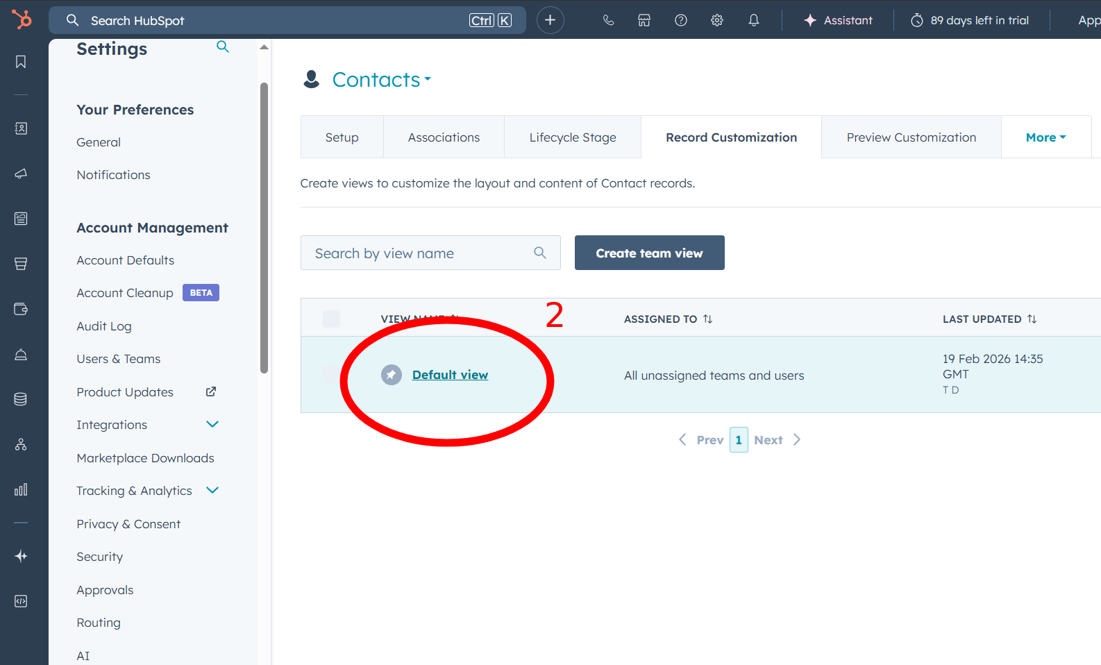 Default view of the record customisation panel