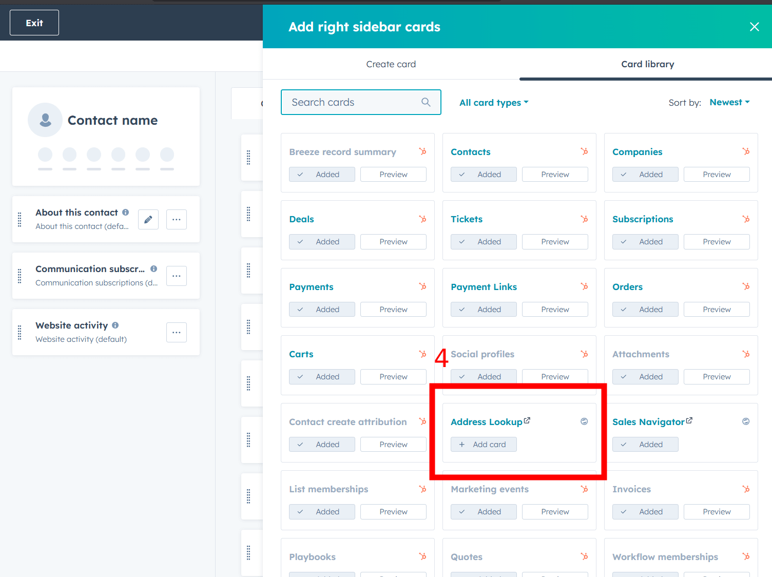 Find and select the Address Lookup card