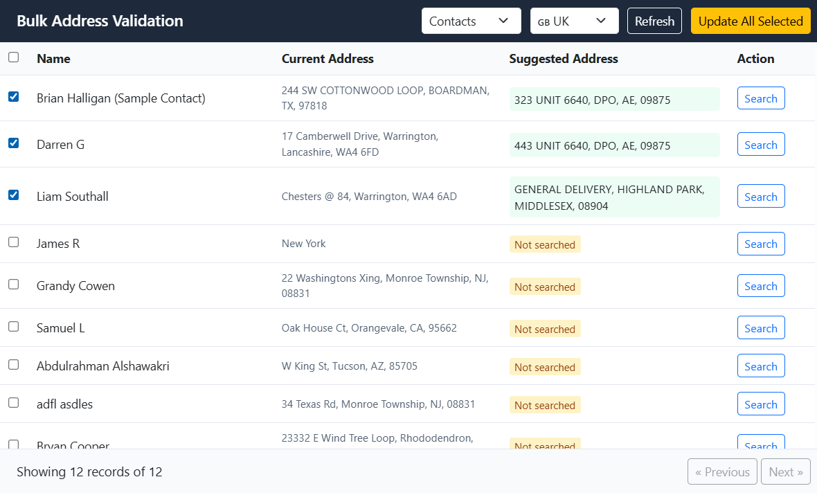 Contact map view showing contacts on an interactive map