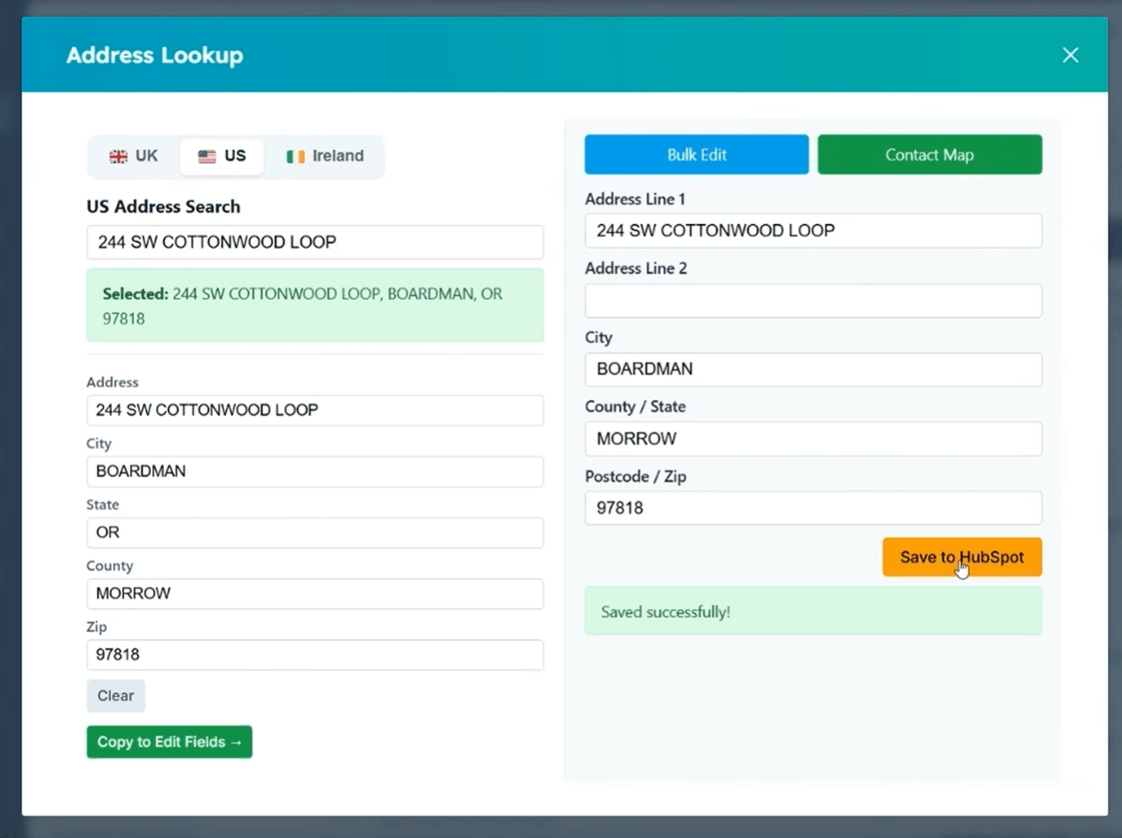 Contact map view showing contacts on an interactive map